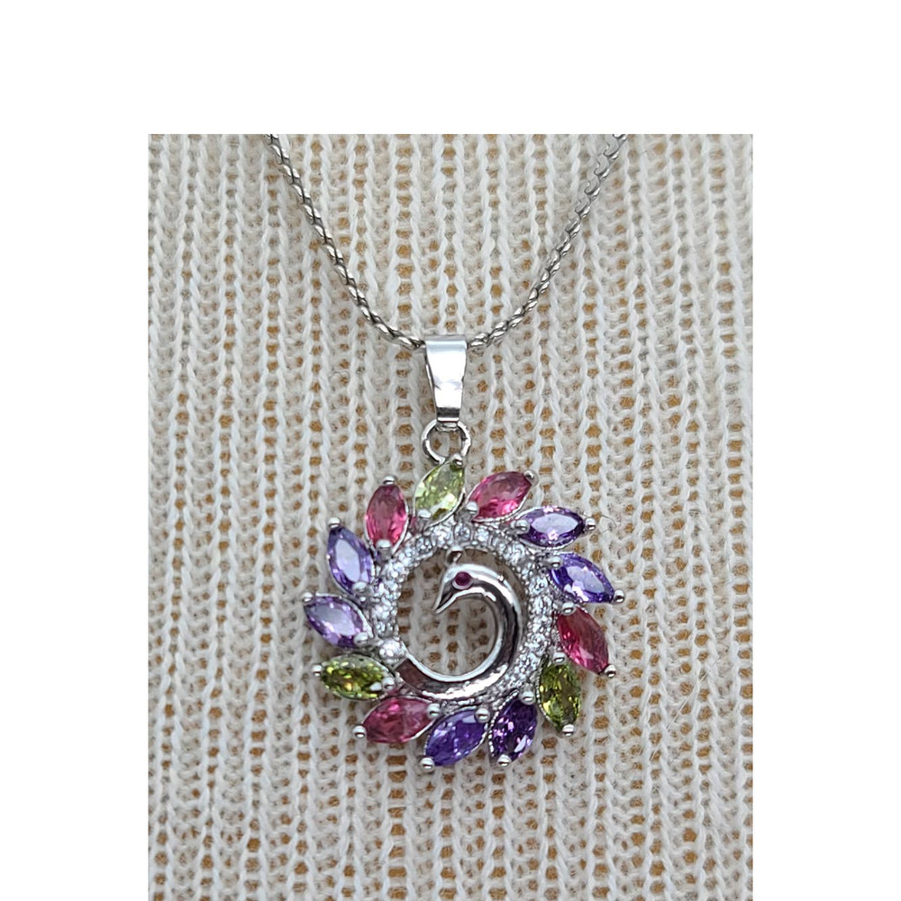 Marquise Cut CZ Multi-Color Peacock Pendant 925 Sterling Silver 20" Chain